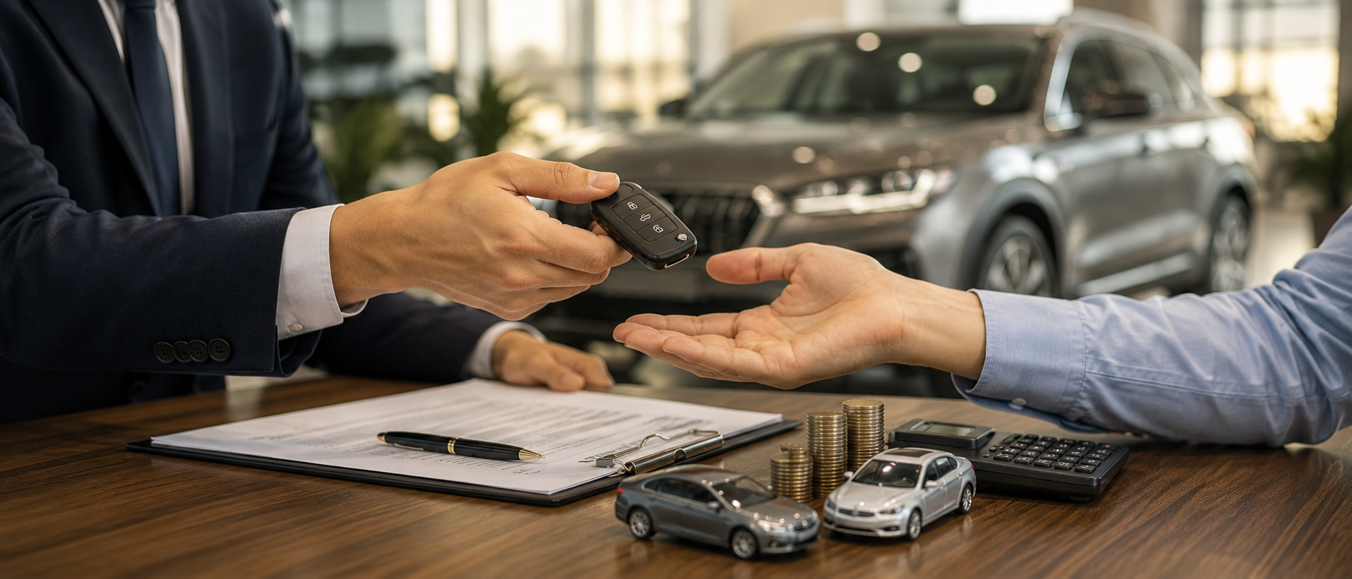 Car finance handover with vehicle keys and agreement